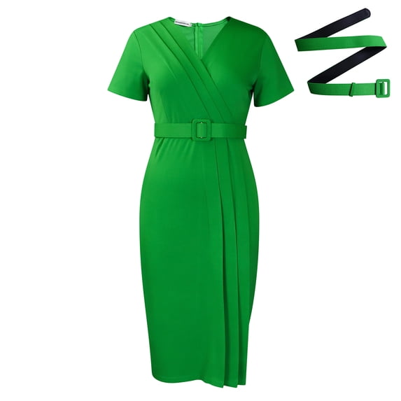 AURA Women’s Pencil Midi Dress V Neck Short Sleeve Solid Color With Belt S XXXL