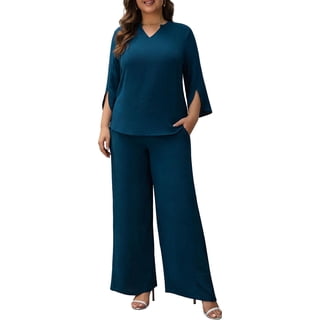 AURA Women's Plus Size 2 Piece Pants Set, Three Quarter Flutter Sleeve Top, Ankle Length Pants, Pocket Detail, Dressy Event Outfit