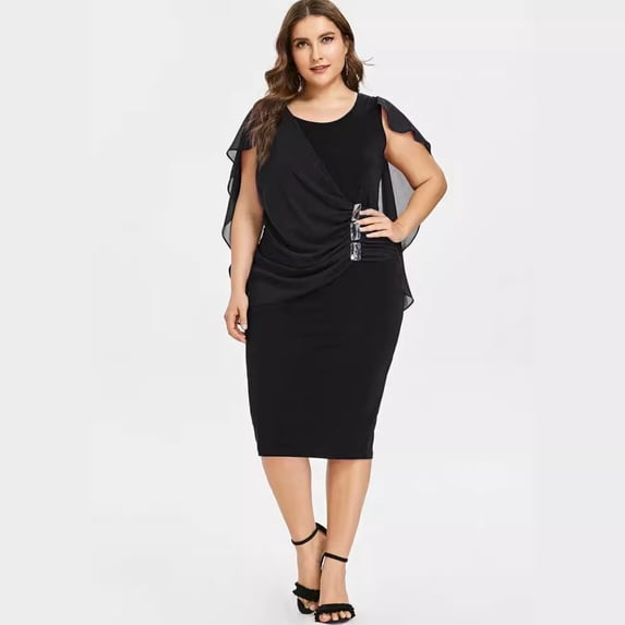 AURA Women's Plus Size Chiffon Ruffle Flattering Cape Sleeve Bodycon Pencil Dress