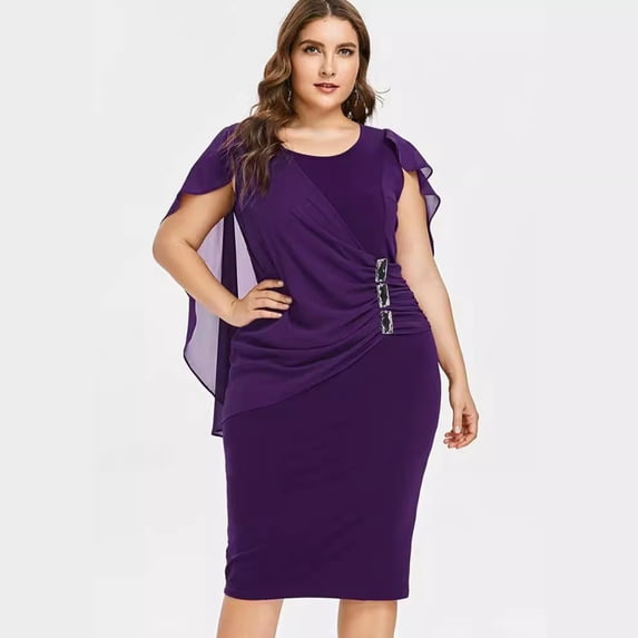 AURA Women's Plus Size Chiffon Ruffle Flattering Cape Sleeve Bodycon Pencil Dress