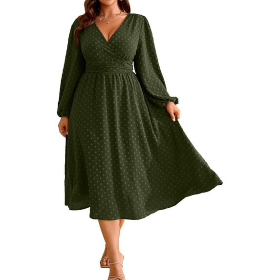 AURA Women's Plus Size Fall Wedding Guest Dress Wrap V Neck Swiss Dot Lantern Long Sleeve Swing Boho Casual Dresses