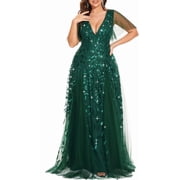 AURA Women's Plus Size Sequin Embroidered Formal Evening Gown V-Neck Sheer Short Sleeve A-Line Mother of Biride Dress