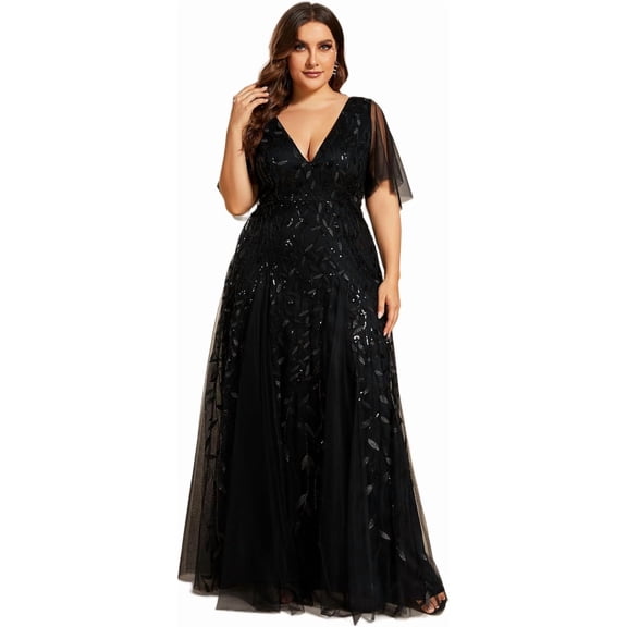 AURA Women's Plus Size Sequin Embroidered Formal Evening Gown V-Neck Sheer Short Sleeve A-Line Mother of Biride Dress