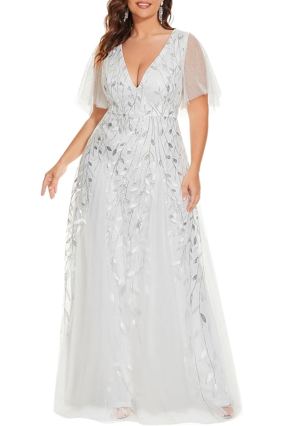 Women's Plus Size Sequin Embroidered Formal Evening Gown V-Neck Sheer Short Sleeve A-Line Mother of Biride Dress