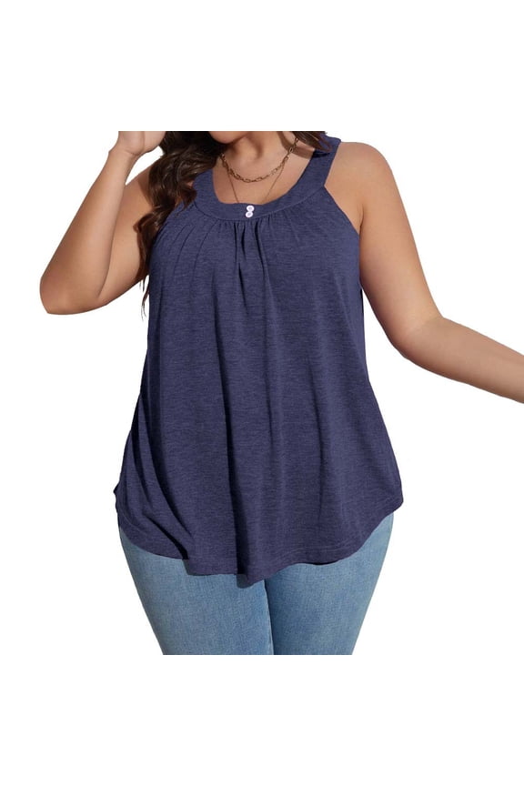 Women’s Plus Size Sleeveless Knit T-Shirt Halter Neck Casual Pullover Top, Blue, 1XL–3XL