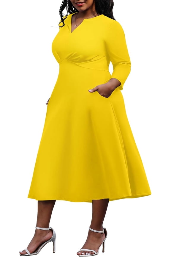 Women's Plus Size Stretchy Flared Wrap Dress Casual Wedding Guest Midi Dresses V Neck 3/4 Sleeve A-Line Swing Dress