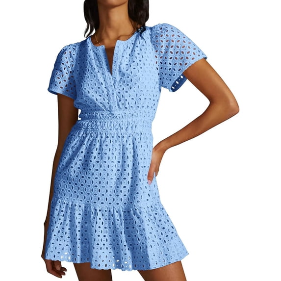 AURA Womens 2026 Summer Short Dress V Neck Short Sleeve A Line Hollow Out Lace Ruffle Cute Casual Beach Party Dresses