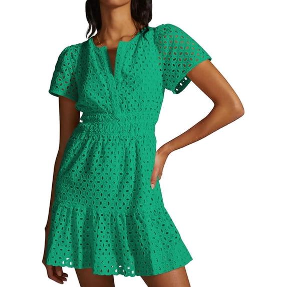 AURA Womens 2026 Summer Short Dress V Neck Short Sleeve A Line Hollow Out Lace Ruffle Cute Casual Beach Party Dresses