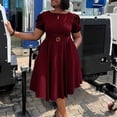 thumbnail image 1 of AURA Womens Elegant A Line Midi Dress Puff Short Sleeve Round Neck High Waist Zipper With Belt, 1 of 9
