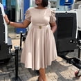 thumbnail image 1 of AURA Womens Elegant A Line Midi Dress Puff Short Sleeve Round Neck High Waist Zipper With Belt, 1 of 9
