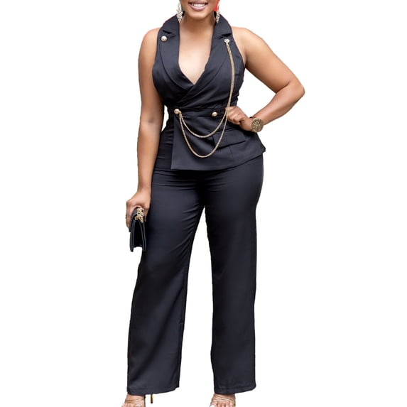 AURA Womens Elegant Chain Detail Wide Leg Jumpsuit Sleeveless High Waist Long Pants Outfit