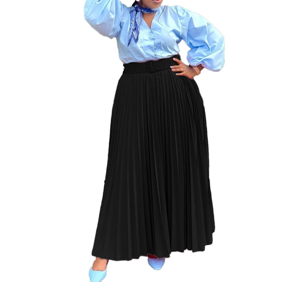 AURA Womens Elegant Pleated Maxi Skirt With Belt High Waist Office Work Urban Style