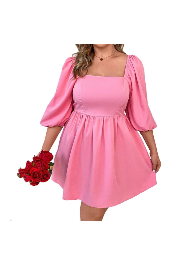 Womens French Square Neck Puff Sleeve A Line Knit Mini Dress Peach 1XL 3XL