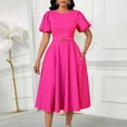 thumbnail image 1 of AURA Womens High Waist A Line Midi Dress Puff Sleeve Round Neck Solid Color Belted Elegant Summer Dress with Zipper, 1 of 10