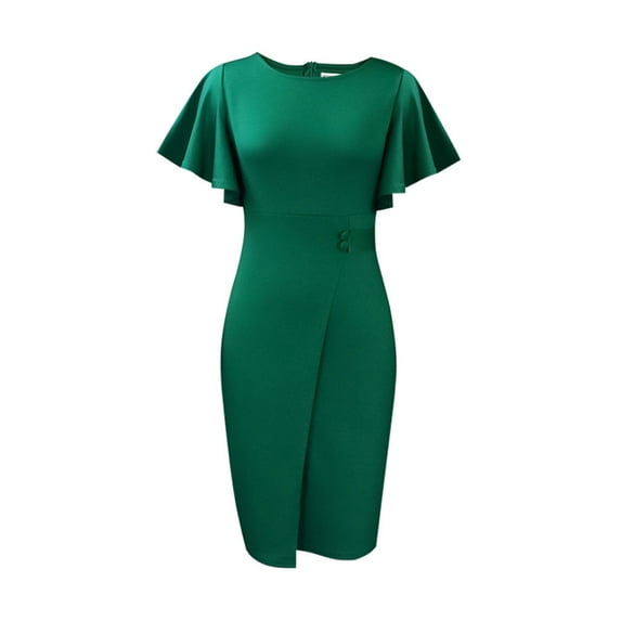 AURA Womens Midi Pencil Dress High Waist Ruffle Short Sleeve Round Neck Solid Color S XXXL