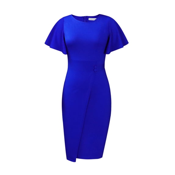 AURA Womens Midi Pencil Dress High Waist Ruffle Short Sleeve Round Neck Solid Color S XXXL