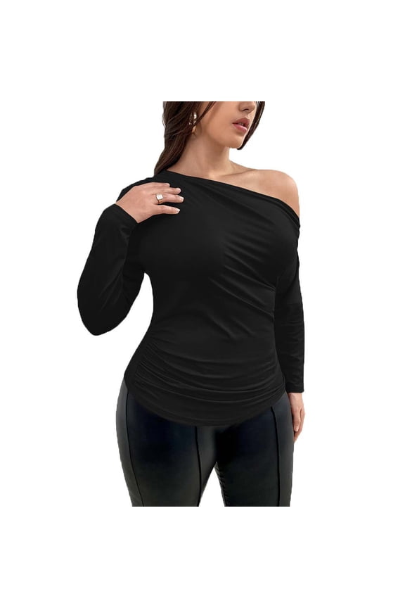Womens Off Shoulder Long Sleeve Ruched Knit T Shirt Slim Fit Solid Black 1XL 3XL