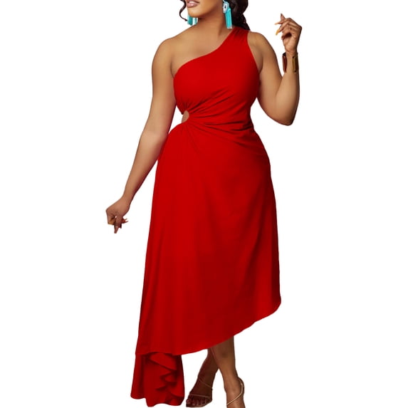 AURA Womens One Shoulder Maxi Dress Hollow Out High Waist Irregular Hem Elegant Party Evening Dress Plus Size
