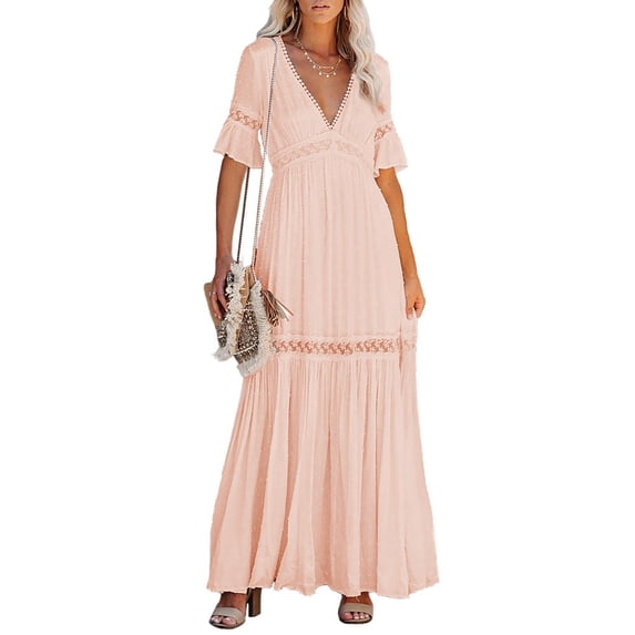 AURA Womens Pink Chiffon Lace Wrap Maxi Dress V Neck Short Sleeve High Waist Romantic Summer