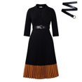 thumbnail image 1 of AURA Womens Pleated A Line Midi Dress Suit Collar Puff Nine Point Sleeves High Waist Sizes S 5XL, 1 of 6