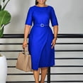thumbnail image 1 of AURA Womens Pleated Midi Dress High Waist Belted A Line Crewneck Five Sleeve Elegant Summer Work Dress with Zipper, 1 of 9
