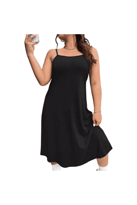 Womens Plus Size Casual Knit U Neck Spaghetti Strap High Waist A Line Midi Dress Black