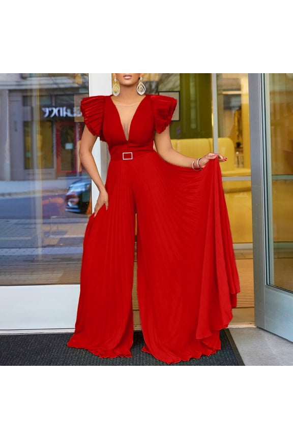 Womens Plus Size Deep V Neck Wide Leg Jumpsuit High Waist Pleated Elegant Party Outfit with Belt Bigsize