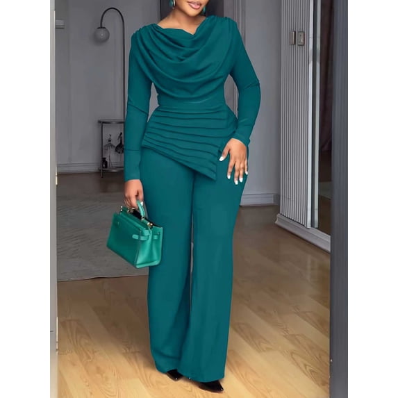 AURA Womens Plus Size Elegant Pleated Two Piece Set Long Sleeve Top and Pants Outfit Autumn Slim Fit Bigsize