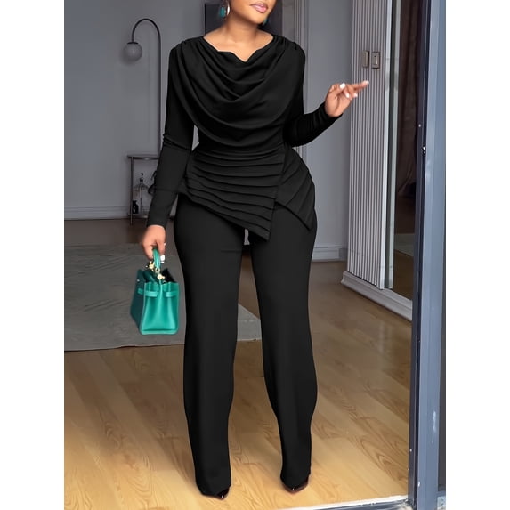 AURA Womens Plus Size Elegant Pleated Two Piece Set Long Sleeve Top and Pants Outfit Autumn Slim Fit Bigsize