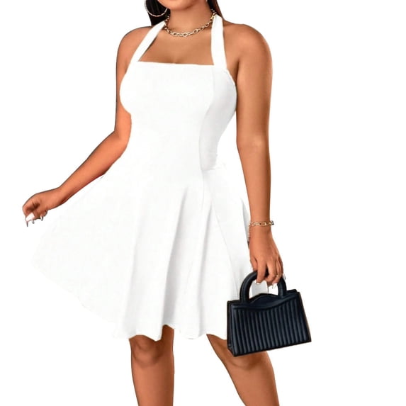 AURA Womens Plus Size Halter Neck Backless Mini Dress High Waist A Line Knit Spring Summer 2025