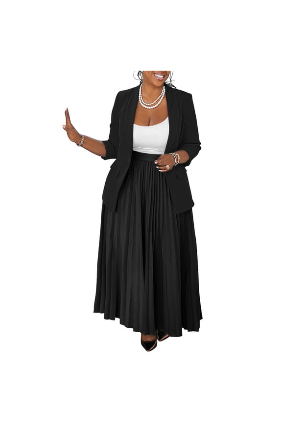 Womens Plus Size Pleated Skirt Suit Elegant Business Outfit Long Sleeve Top and Maxi Skirt Set Bigsize