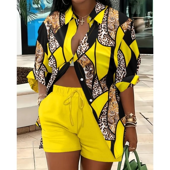 AURA Womens Plus Size Printed Two Piece Set Long Sleeve Top and Shorts Outfit Casual Commuter Bigsize Set