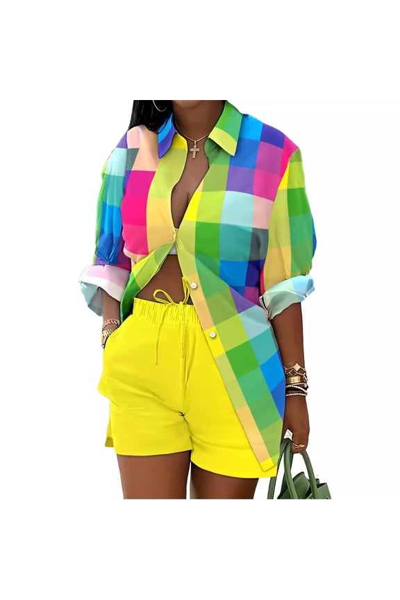 Womens Plus Size Printed Two Piece Set Long Sleeve Top and Shorts Outfit Casual Commuter Bigsize Set
