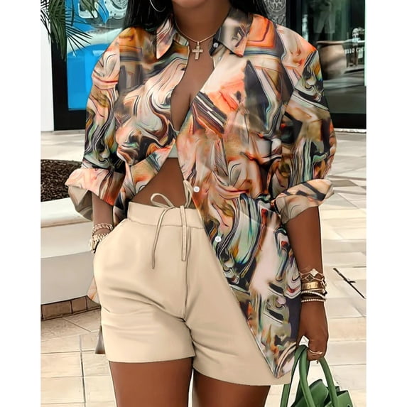 AURA Womens Plus Size Printed Two Piece Set Long Sleeve Top and Shorts Outfit Casual Commuter Bigsize Set
