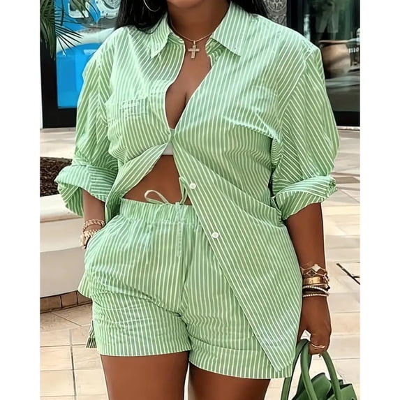 AURA Womens Plus Size Printed Two Piece Set Long Sleeve Top and Shorts Outfit Casual Commuter Bigsize Set