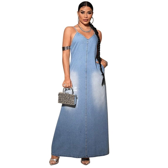 AURA Womens Plus Size Sleeveless Denim Maxi Dress A Line Washed Stretch Jean Dress 1XL 5XL