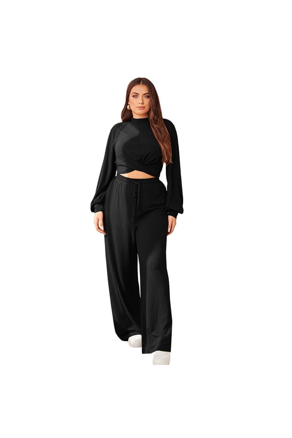 Womens Plus Size Two Piece Tracksuit Set Long Sleeve Top And Full Length Pants Black 1XL 3XL