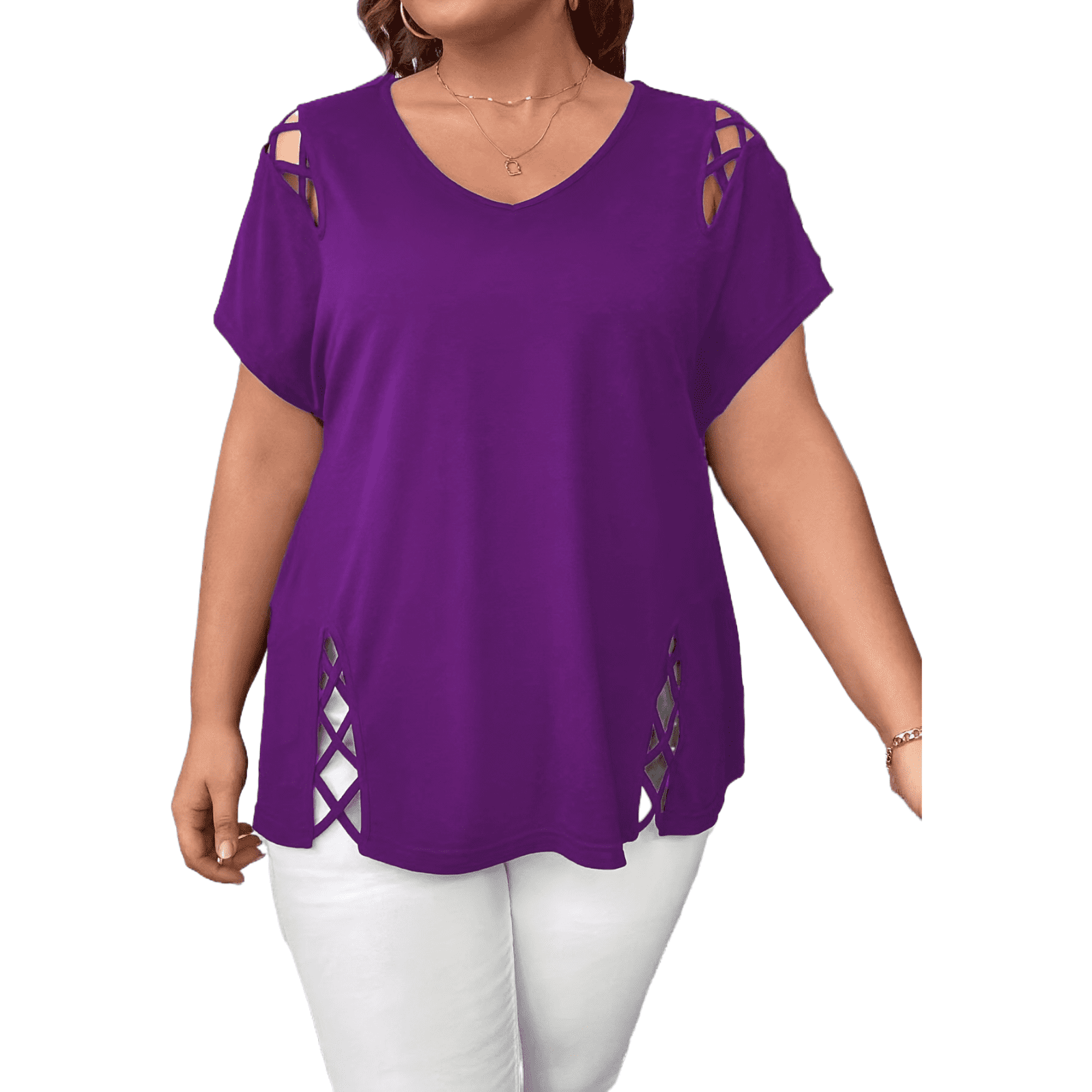 AURA Womens Plus Size V Neck Cross Strap Short Sleeve T Shirt Loose Fit ...