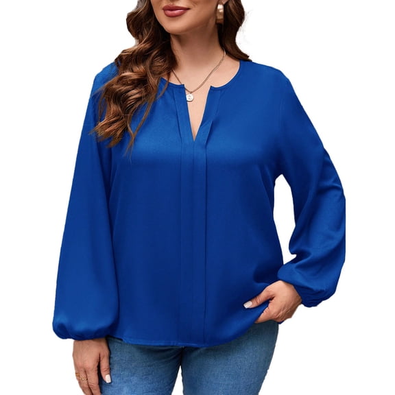 AURA Womens Plus Size V Neck Long Sleeve Knit Top Loose Fit Lantern Sleeve Blue 1XL-3XL