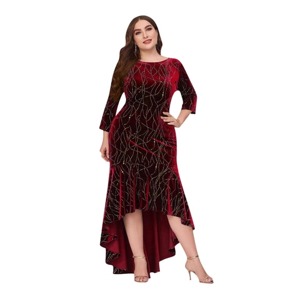 AURA Womens Plus Size Velvet Mermaid Maxi Dress Long Sleeve High Low Hem Elegant Formal Evening Dress