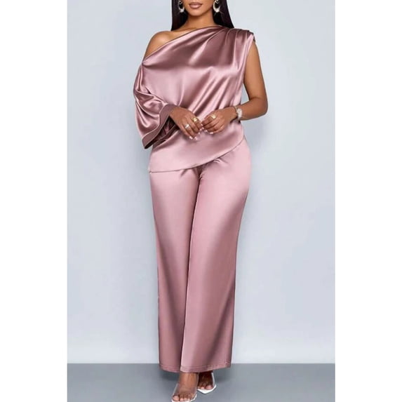 AURA Womens Satin Two Piece Set Asymmetrical Neck Top and Long Pants Casual Elegant Outfit