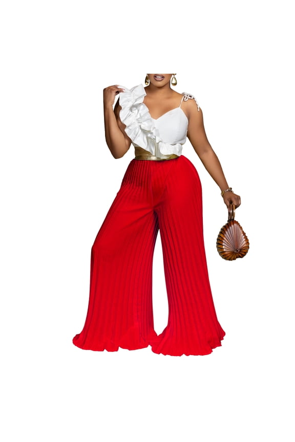 Womens Sleeveless Ruffle Top Wide Leg Pants 2 Piece Outfit Sexy Elegant Pantsuit With Belt