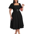 thumbnail image 1 of AURA Womens Square Neck High Waist A Line Midi Dress With Belt Flare Short Sleeves Solid Color, 1 of 9