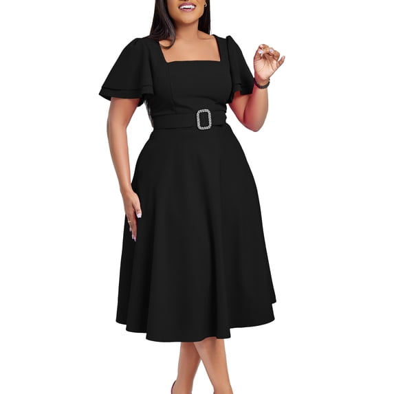 AURA Womens Square Neck High Waist A Line Midi Dress With Belt Flare Short Sleeves Solid Color