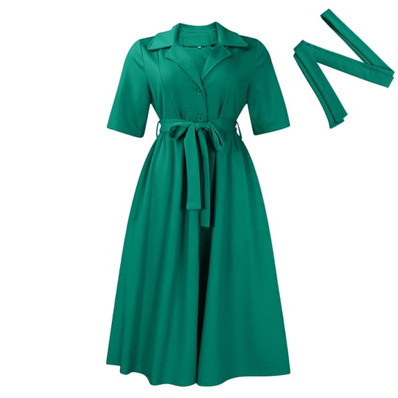 AURA Womens Summer 2024 Solid Color Midi A Line Dress High Waist Short Sleeve Button Front