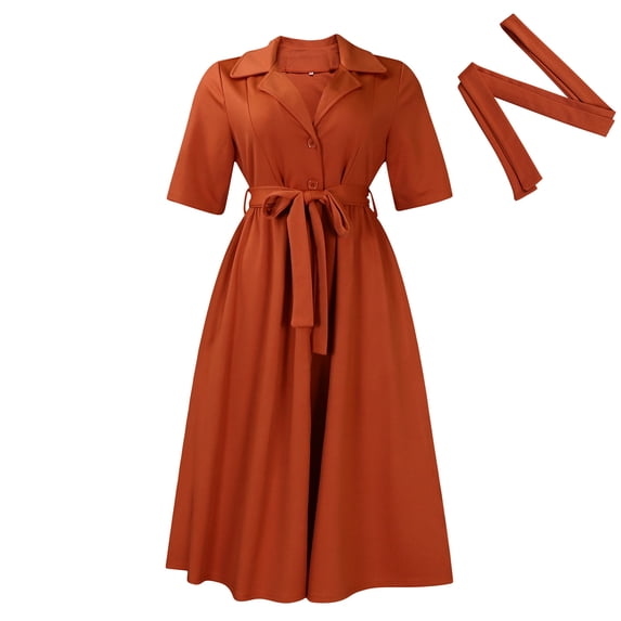 AURA Womens Summer 2024 Solid Color Midi A Line Dress High Waist Short Sleeve Button Front
