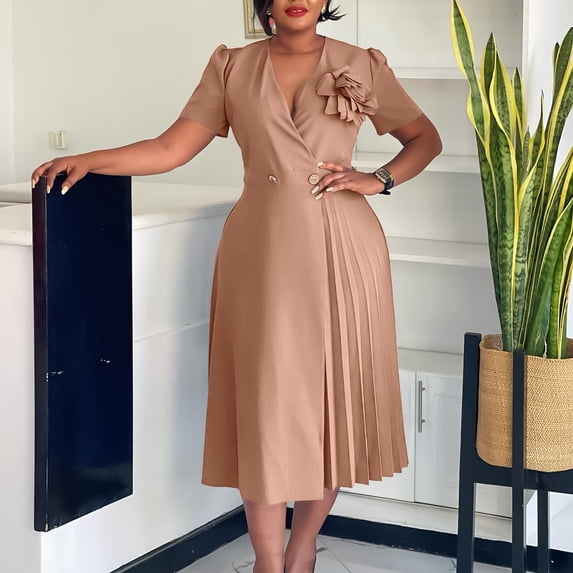 AURA Womens Summer 2025 V Neck Short Sleeve Pleated Midi Dress High Waist Solid Color Elegant