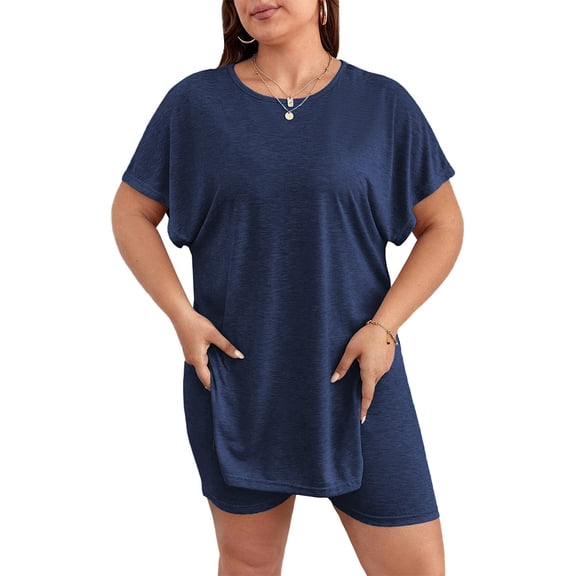 AURA Womens Summer Lounge Set Short Sleeve Top and Bermuda Shorts Two Piece Casual Outfit Blue Plus Size