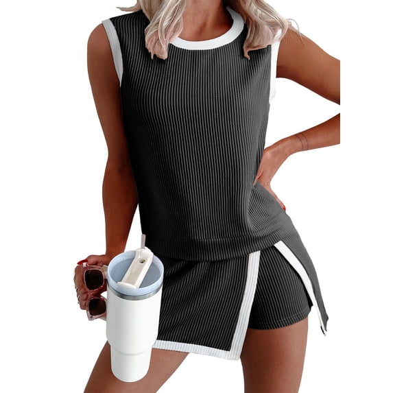 AURA Womens Two Piece Casual Set Color Block T Shirt and Cropped Pants Summer Comfortable Outfit
