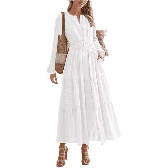 AURA Womens V Neck Long Sleeve Pleated Waist Maxi Dress Cotton High Waist Flowy Elegant Casual Outfit